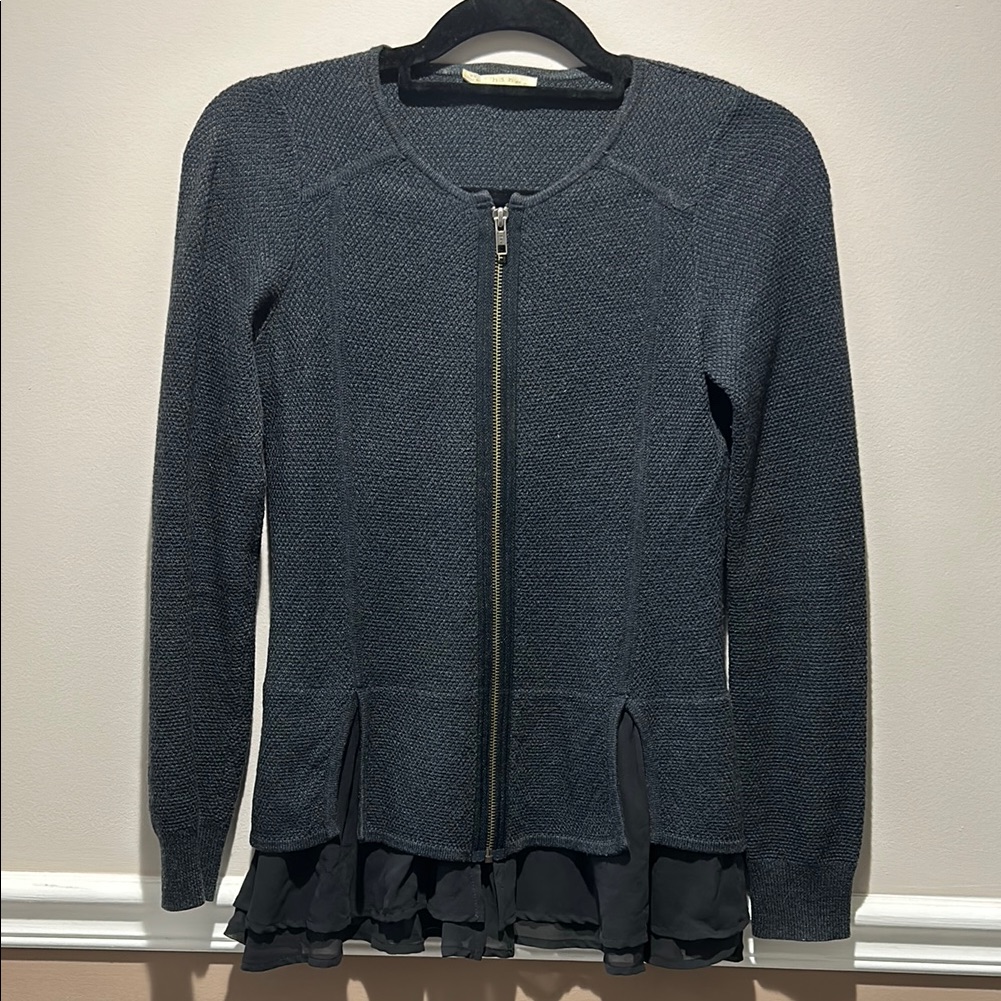 Knit Zip-Up Cardigan With Ruffle Hem